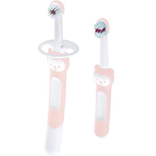 Mam Learn to Brush Set Soft Toothbrush 5m+ Ανοιχτό Ροζ Βρεφική, Εκπαιδευτική Οδοντόβουρτσα με Μαλακές Ίνες & Ασπίδα Προστασίας 2 Τεμάχια, Κωδ 608G